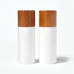 Ceramic Salt & Pepper Grinder Set Cream Figmint Wood Stoneware 6.25” 2-Pack